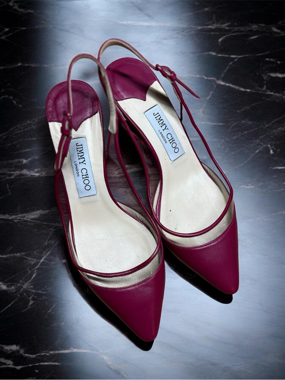 Jimmy Choo Wine Red Leather Pointed-Toe Heels with Clear Trim size 36.5 - Picture 2 of 3